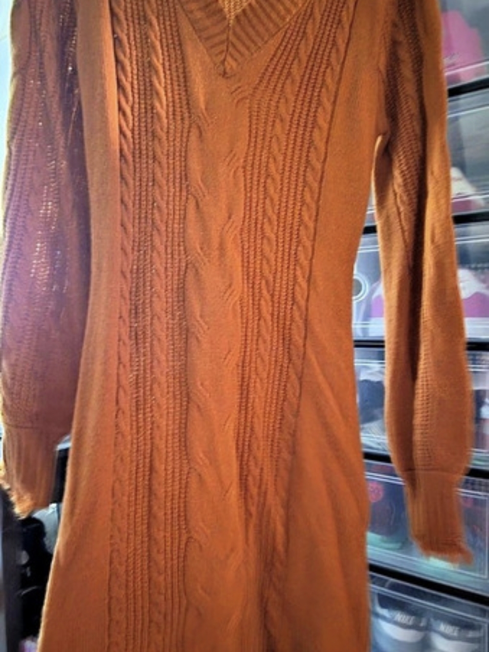 Almost Famous V-Neck Cable Knit Sweater Dress in Orange Size Large